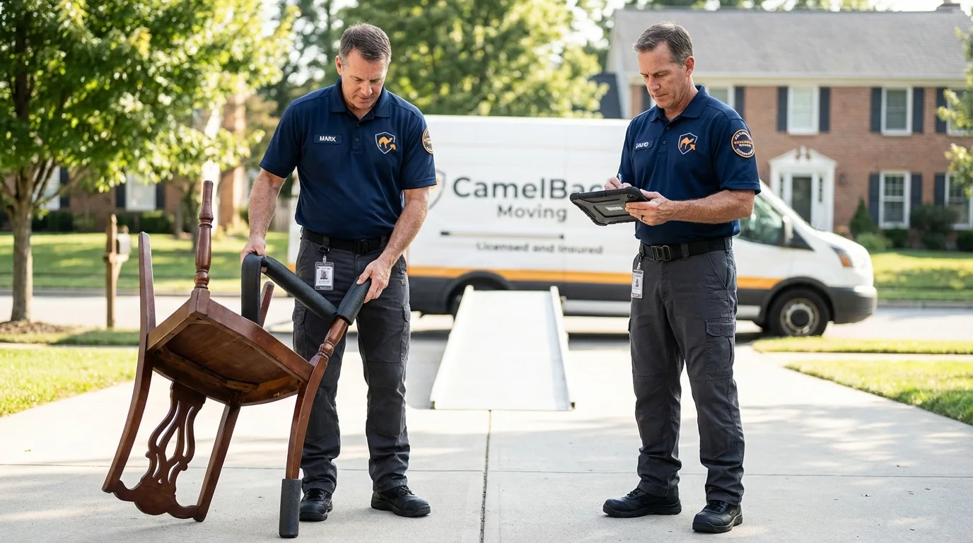 Movers inspecting furniture for damage prevention before loading in Yulee, FL